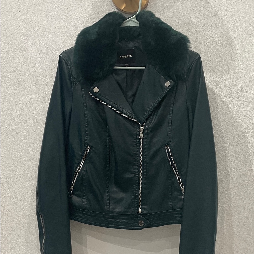 Express Women's dark green Leather Jacket with Faux Fur Collar